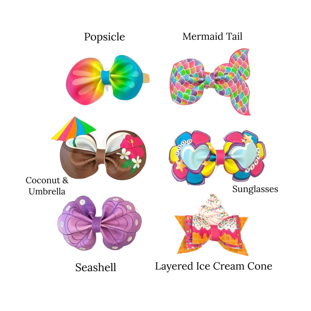These summer themed faux leather bow cutouts are ready to cut and assemble for many craft projects. These patterned cutouts can be used to make a hair bow, headband, banner, photo props, scrapbook, party or classroom decorations, bulletin board trim or anything creative!