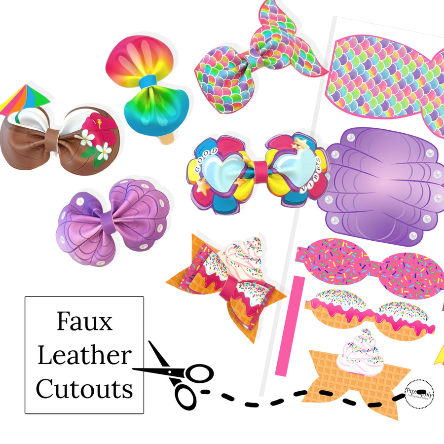 These summer themed faux leather bow cutouts are ready to cut and assemble for many craft projects. These patterned cutouts can be used to make a hair bow, headband, banner, photo props, scrapbook, party or classroom decorations, bulletin board trim or anything creative!