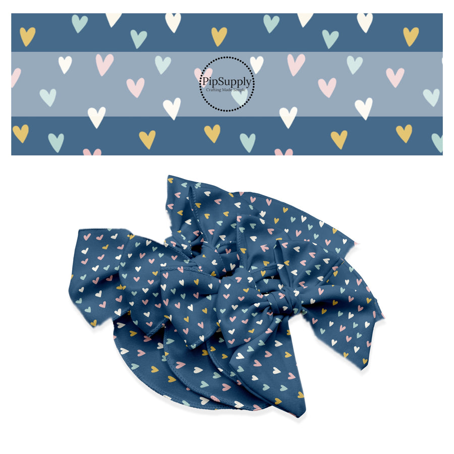 These spring pattern themed no sew bow strips can be easily tied and attached to a clip for a finished hair bow. These patterned bow strips are great for personal use or to sell. These bow strips features light pink, light blue, yellow, and cream hearts on dark blue.