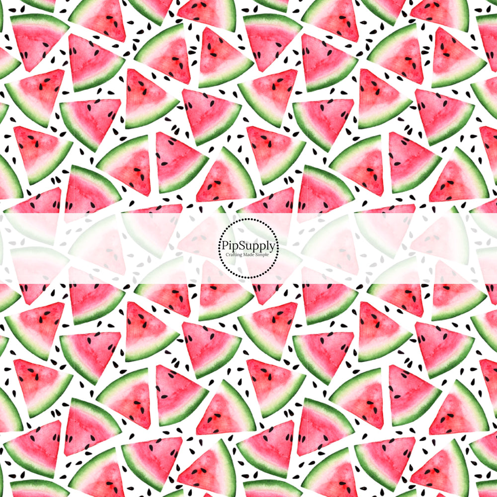 These fruit themed no sew bow strips can be easily tied and attached to a clip for a finished hair bow. These patterned bow strips are great for personal use or to sell. These bow strips feature watermelon slices and watermelon seeds.