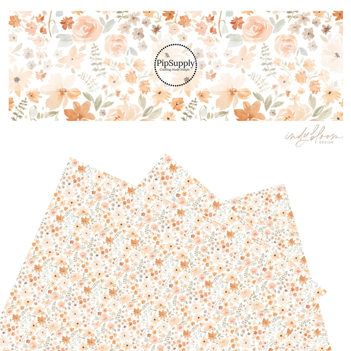 These neutral watercolor flowers on white faux leather sheets contain the following design elements: flowers in the colors of light pink, peach, light blue, olive, tan, and cream.