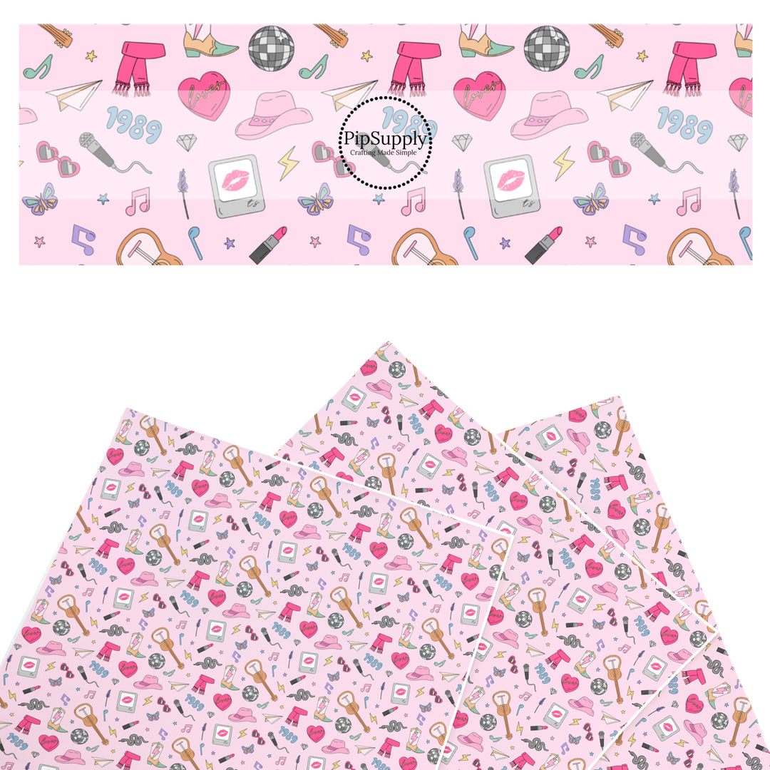 This Taylor inspired faux leather sheets contain the following design elements: eras tour concert inspired pattern on pink. Our CPSIA compliant faux leather sheets or rolls can be used for all types of crafting projects.