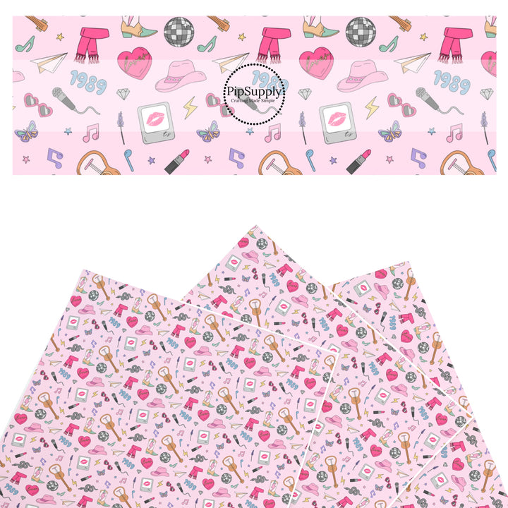 This Taylor inspired faux leather sheets contain the following design elements: eras tour concert inspired pattern on pink. Our CPSIA compliant faux leather sheets or rolls can be used for all types of crafting projects.