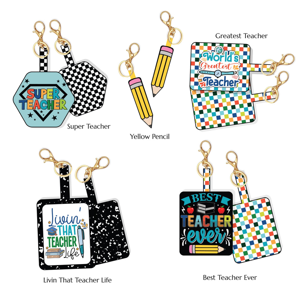 These teacher themed faux leather sheets are ready to cut and assemble for many craft projects. These patterned cutouts can be used to make fold over keychains, photo props, scrapbooks, party or classroom decorations, bulletin board trim or anything creative!