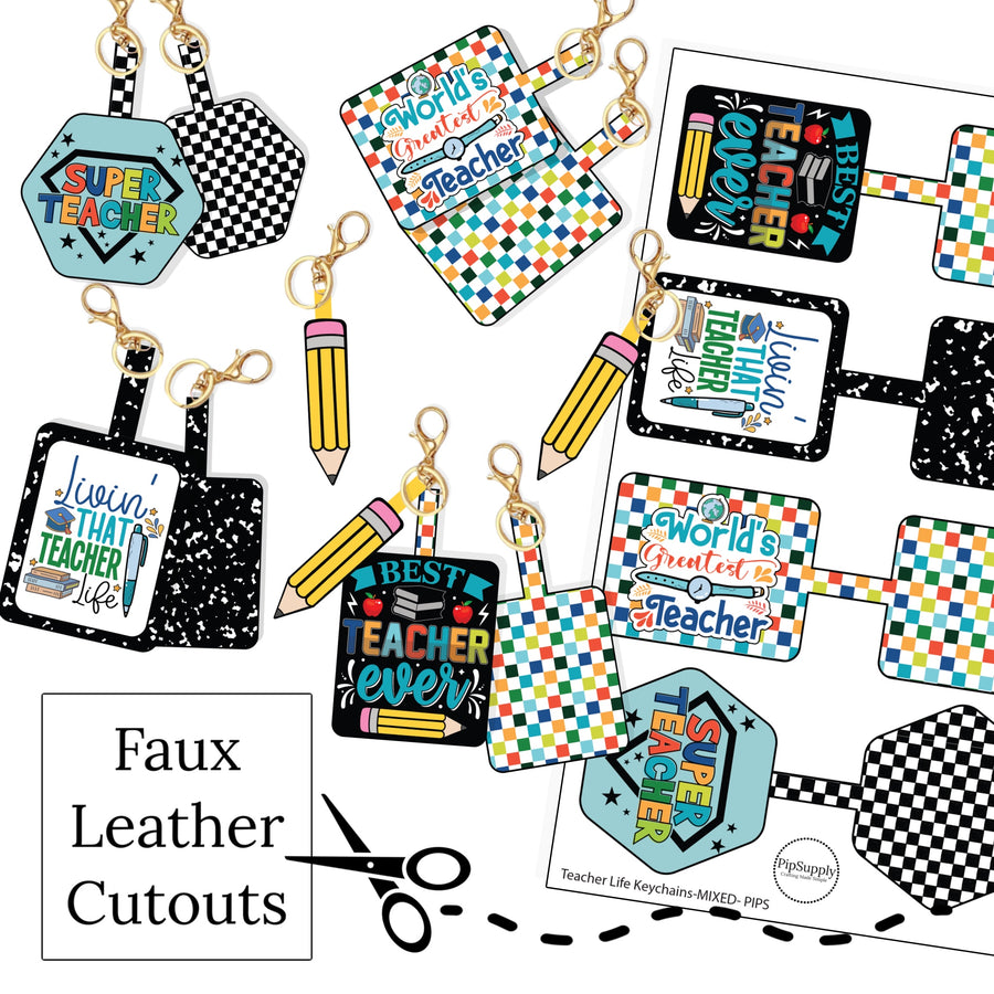 These teacher themed faux leather sheets are ready to cut and assemble for many craft projects. These patterned cutouts can be used to make fold over keychains, photo props, scrapbooks, party or classroom decorations, bulletin board trim or anything creative!