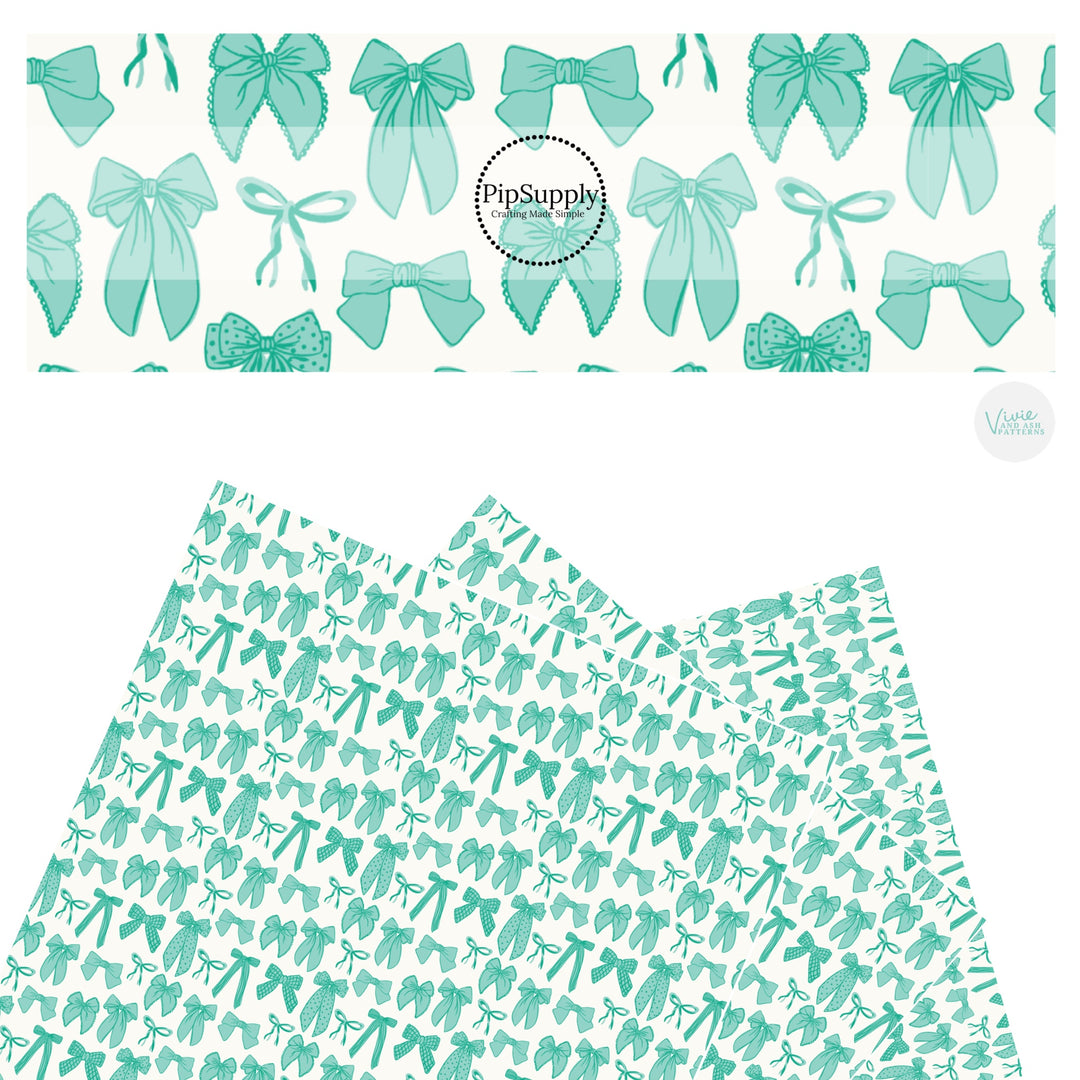 These spring bows faux leather sheets contain the following design elements: teal multi ribbon bows. Our CPSIA compliant faux leather sheets or rolls can be used for all types of crafting projects.