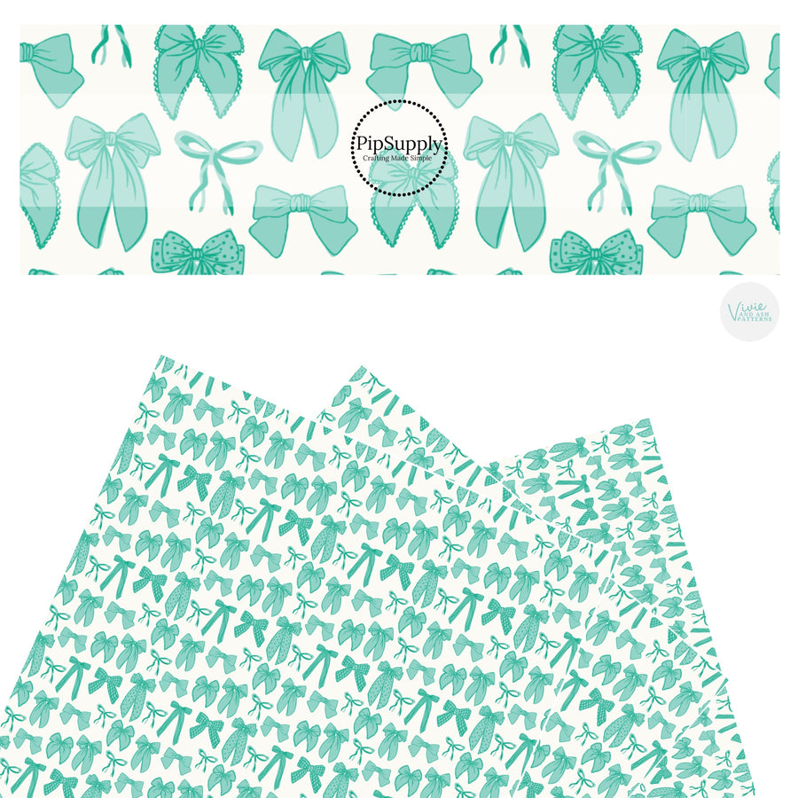 These spring bows faux leather sheets contain the following design elements: teal multi ribbon bows. Our CPSIA compliant faux leather sheets or rolls can be used for all types of crafting projects.