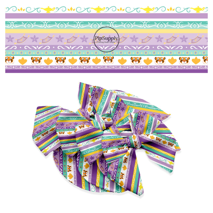 Tigers, flying rug, oil lamp, and swirls on stripes hair bow strips