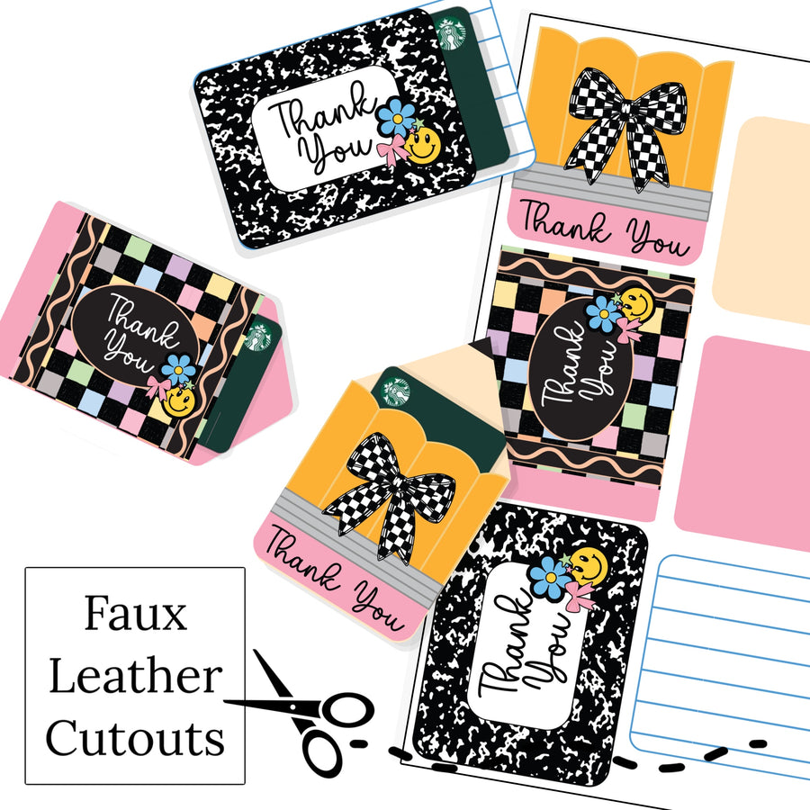 These teacher and school themed printed faux leather sheets or digital file download are ready to cut and assemble for many craft projects. These patterned cutouts can be used to make gift card holders, photo props, scrapbooks, party or classroom decorations, bulletin board trim or anything creative!