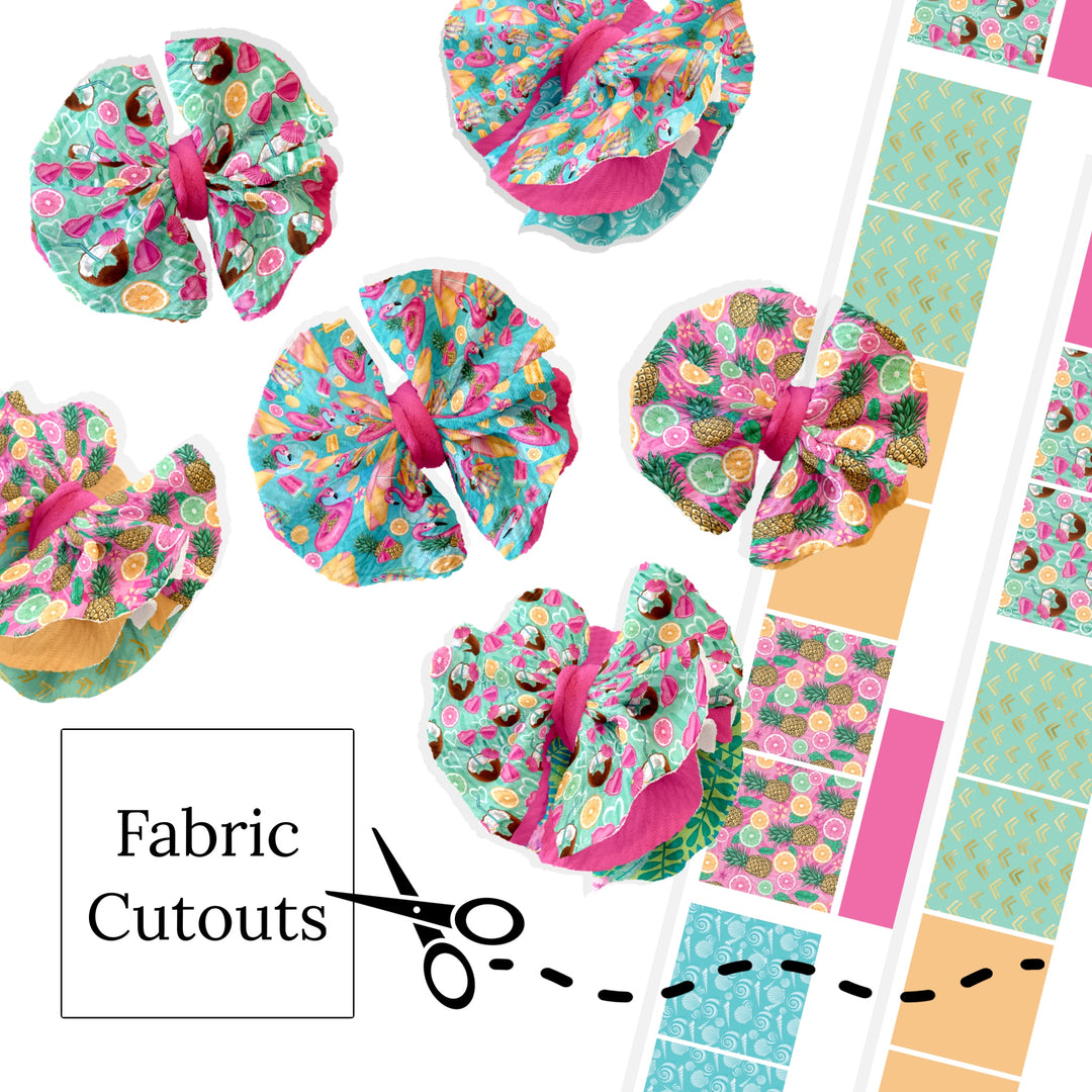 These tropical patterns layered bows can be quickly cut and assembled for a trendy summer bows. They're ideal for easy at-home styling, individual use, or even resale. Get creative and add a splash of color to your look with these low-maintenance bows.