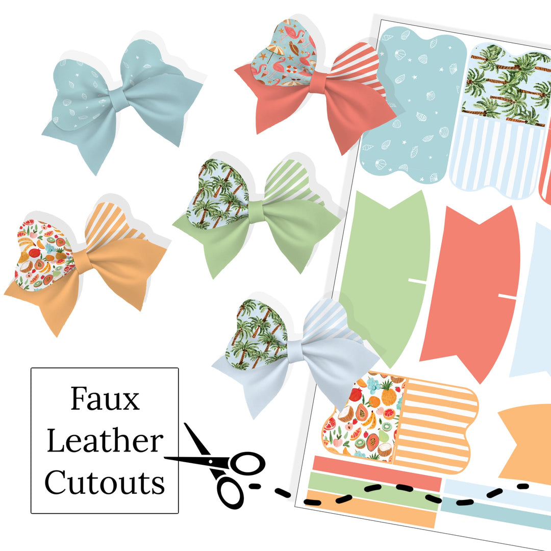 These tropical paradise themed layered faux leather bows are ready to cut and assemble for many craft projects. These patterned cutouts can be used to make a hair bow, headband, banner, photo props, scrapbook, party or classroom decorations, bulletin board trim or anything creative!