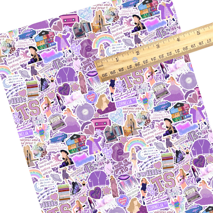This Taylor inspired faux leather sheets contain the following design elements: era's tour concert inspired pattern on purple. Our CPSIA compliant faux leather sheets or rolls can be used for all types of crafting projects.