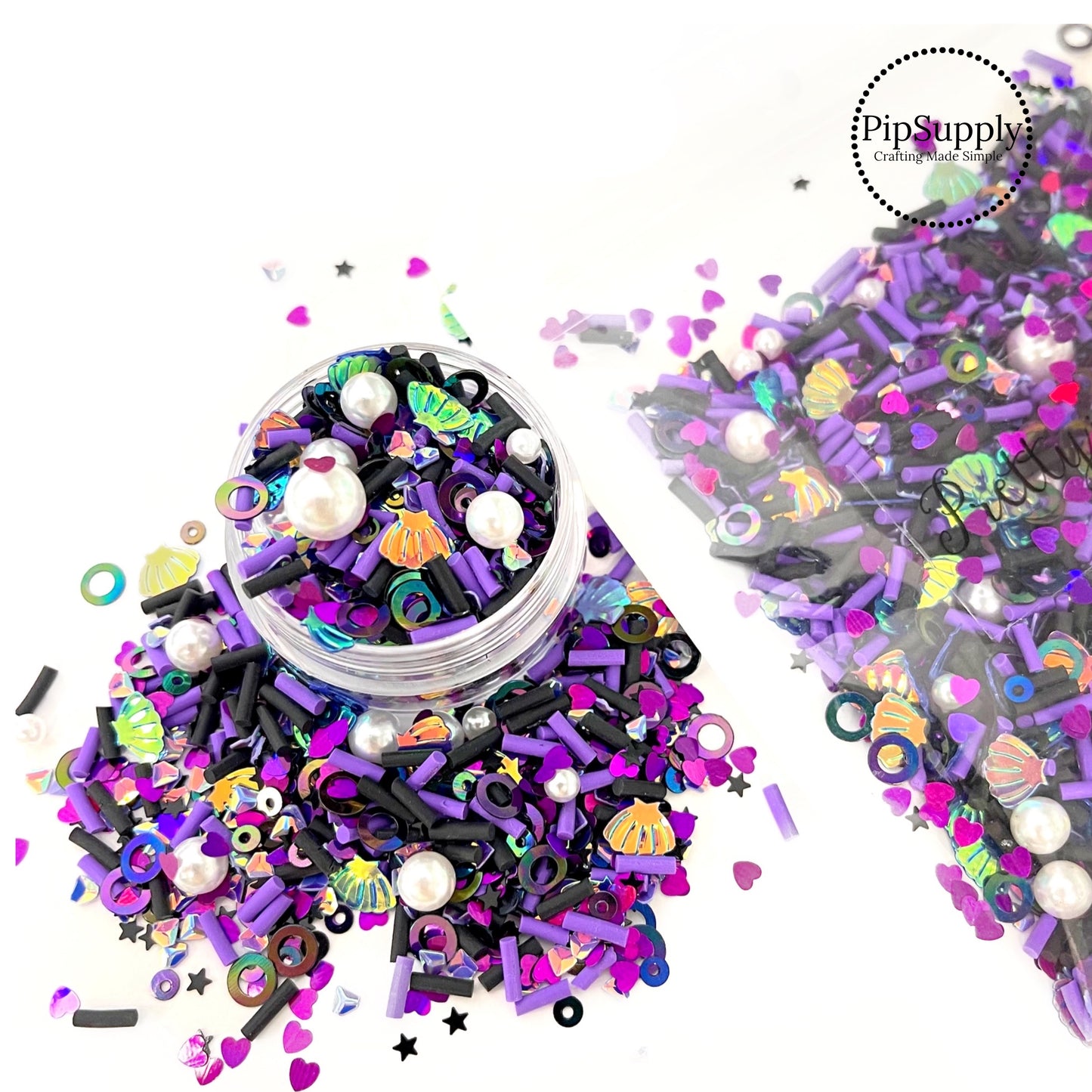 Black and purple seashells, sprinkles, pearls, and stars clay slice mix