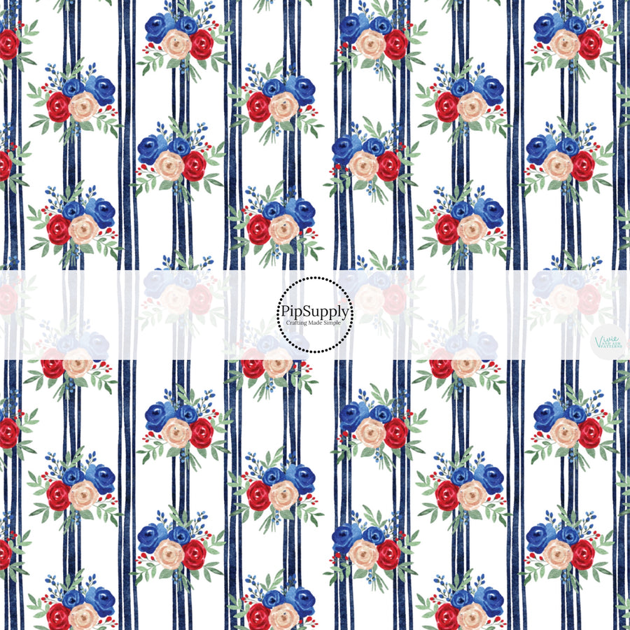 These patriotic fabric by the yard features navy stripes with patriotic flowers. This fun pattern fabric can be used for all your sewing and crafting needs!
