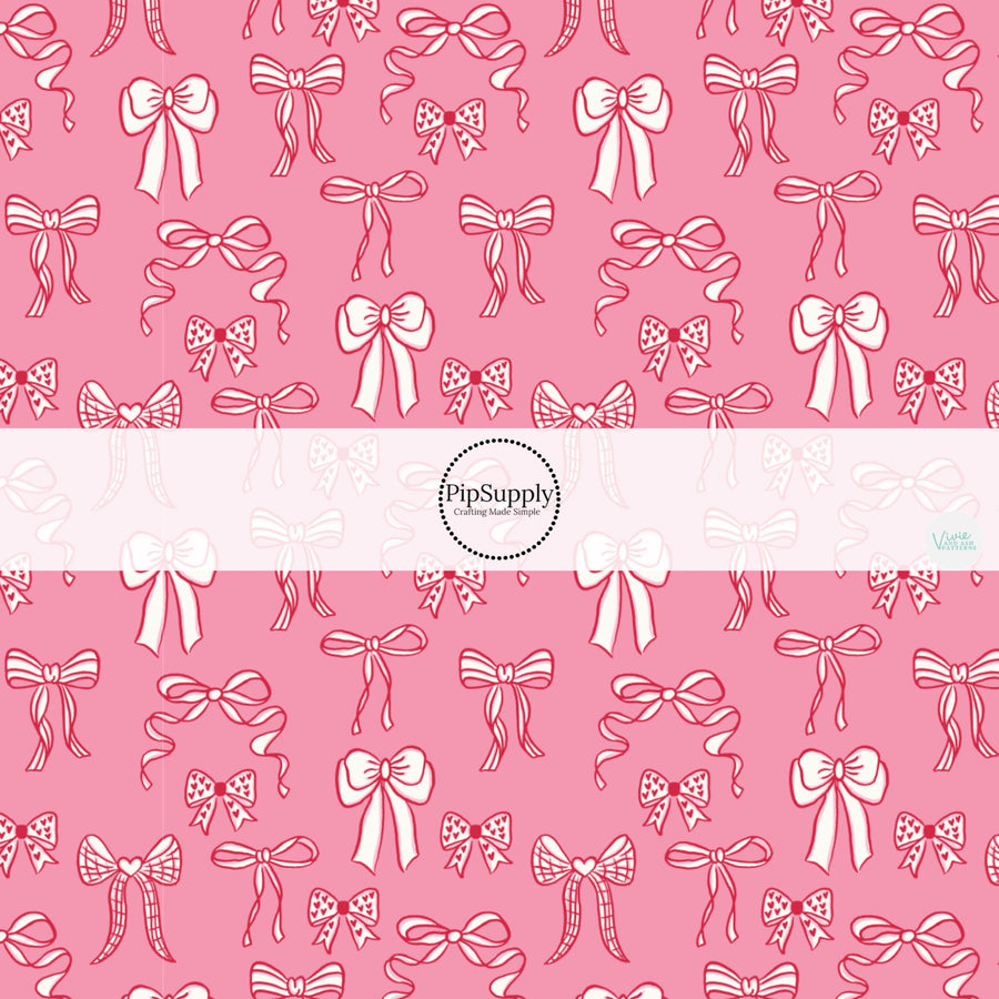 This holiday fabric by the yard features multi color Valentine bows. This festive pattern fabric can be used for all your sewing and crafting needs!