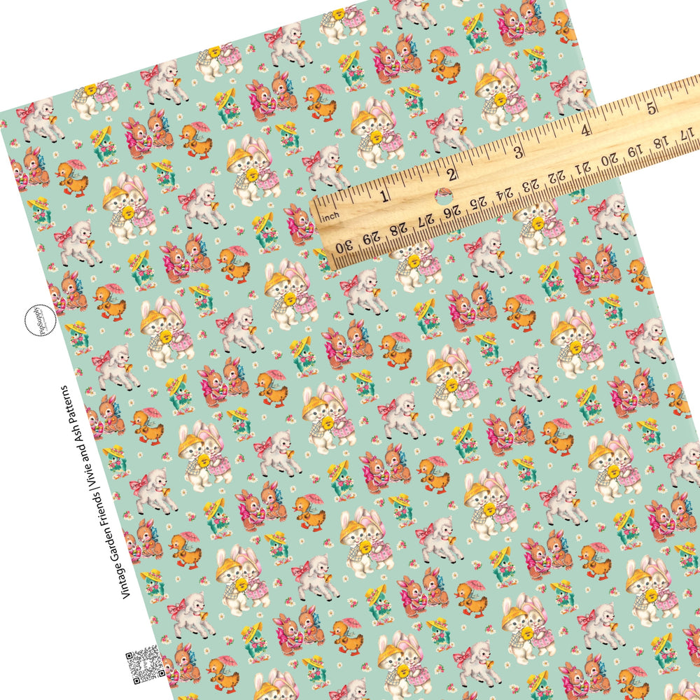 These spring faux leather sheets contain the following design elements: spring garden friends on aqua. Our CPSIA compliant faux leather sheets or rolls can be used for all types of crafting projects.