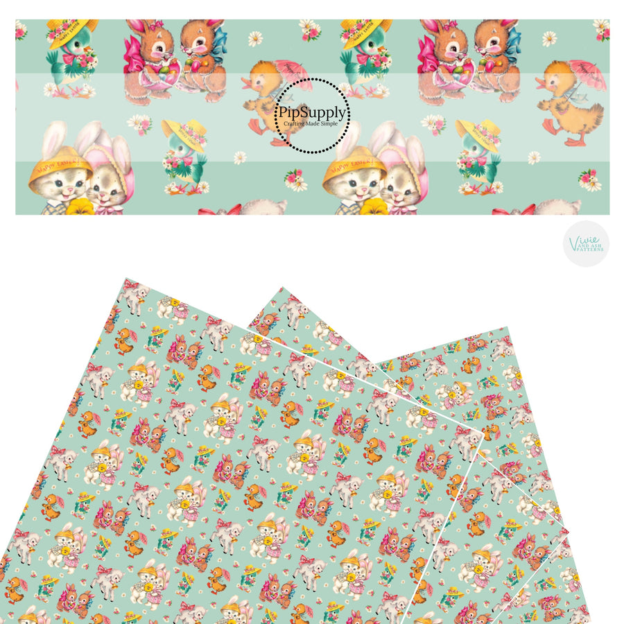 These spring faux leather sheets contain the following design elements: spring garden friends on aqua. Our CPSIA compliant faux leather sheets or rolls can be used for all types of crafting projects.