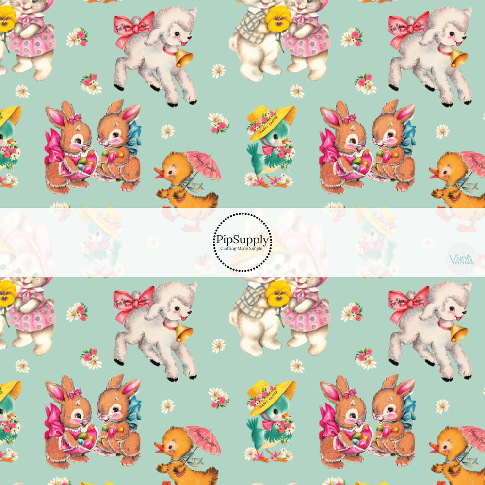These spring themed no sew bow strips can be easily tied and attached to a clip for a finished hair bow. These patterned bow strips are great for personal use or to sell. These bow strips features spring garden friends on aqua.