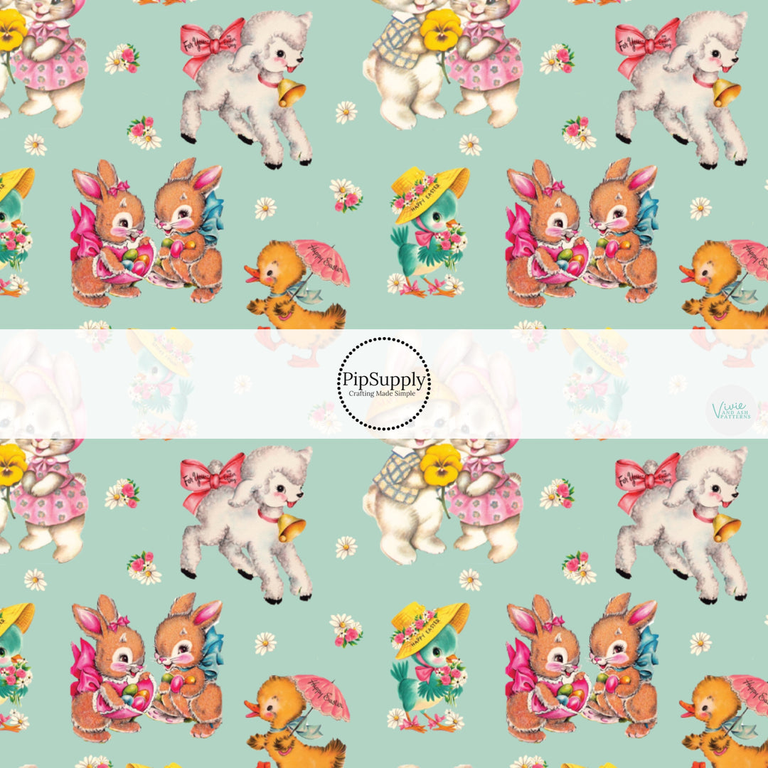 These spring themed no sew bow strips can be easily tied and attached to a clip for a finished hair bow. These patterned bow strips are great for personal use or to sell. These bow strips features spring garden friends on aqua.