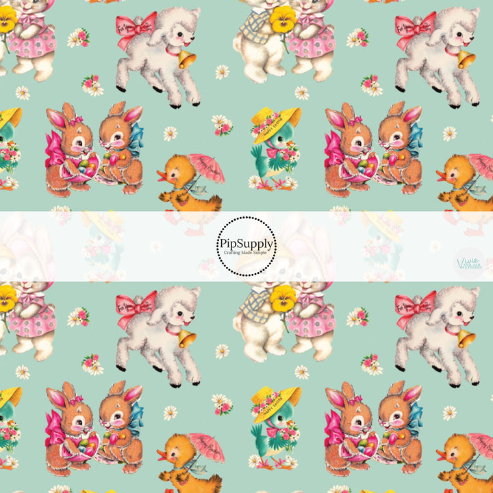 These spring themed no sew bow strips can be easily tied and attached to a clip for a finished hair bow. These patterned bow strips are great for personal use or to sell. These bow strips features spring garden friends on aqua.