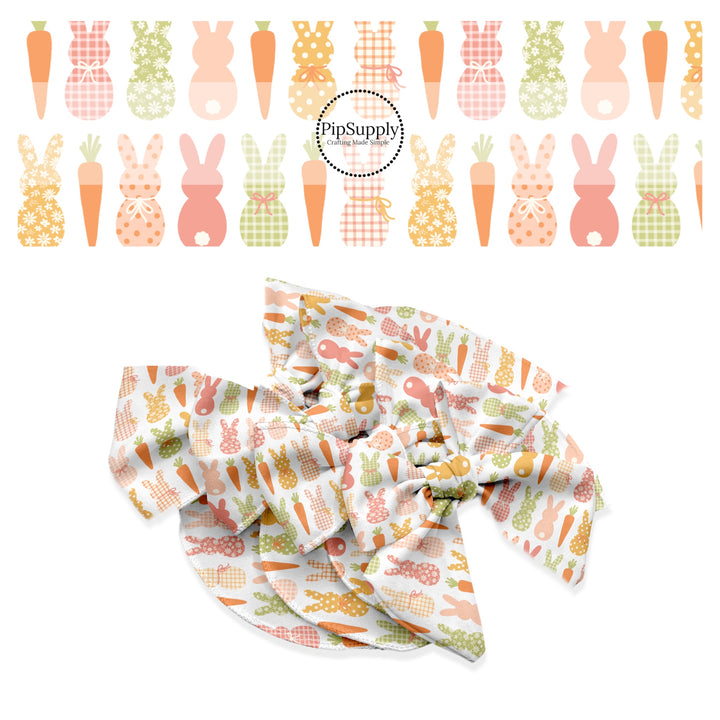 These spring pattern themed no sew bow strips can be easily tied and attached to a clip for a finished hair bow. These patterned bow strips are great for personal use or to sell. These bow strips features warm toned multi-colored bunnies and carrots on white.