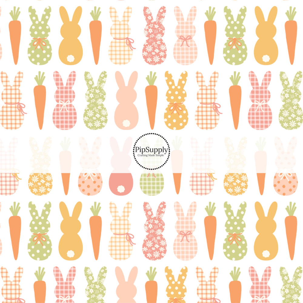 These spring pattern themed no sew bow strips can be easily tied and attached to a clip for a finished hair bow. These patterned bow strips are great for personal use or to sell. These bow strips features warm toned multi-colored bunnies and carrots on white.