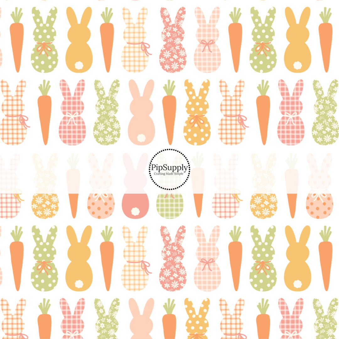 These spring pattern themed no sew bow strips can be easily tied and attached to a clip for a finished hair bow. These patterned bow strips are great for personal use or to sell. These bow strips features warm toned multi-colored bunnies and carrots on white.