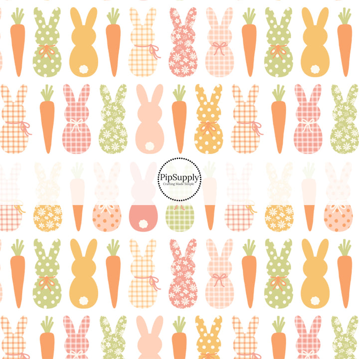 These spring pattern themed no sew bow strips can be easily tied and attached to a clip for a finished hair bow. These patterned bow strips are great for personal use or to sell. These bow strips features warm toned multi-colored bunnies and carrots on white.