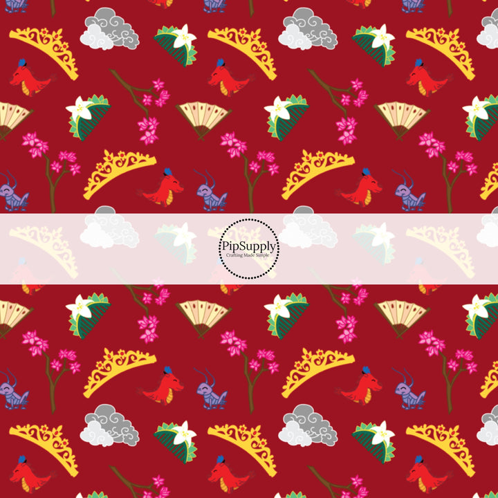 This magical adventure inspired fabric by the yard features the following design: princess crowns, dragons, and flowers on red. This fun themed fabric can be used for all your sewing and crafting needs!