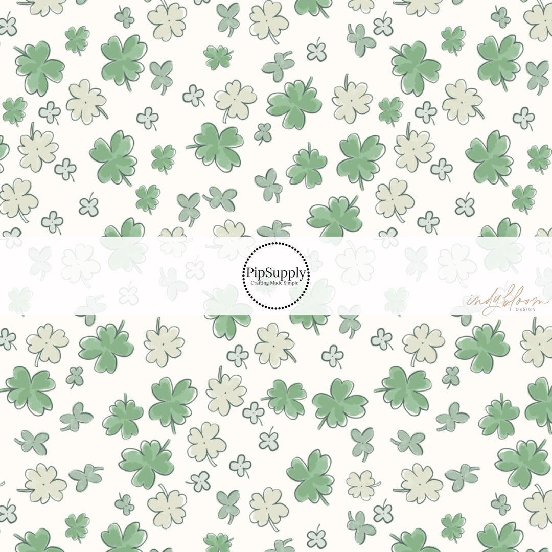 Green Watercolor Shamrocks on Off-White Fabric by the Yard.