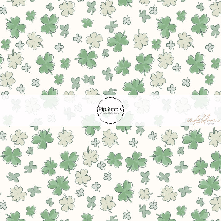 Green Watercolor Shamrocks on Off-White Fabric by the Yard.