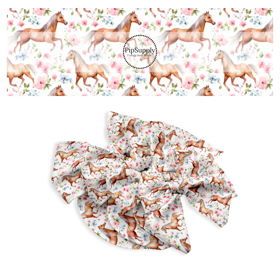 These spring no sew bow strips can be easily tied and attached to a clip for a finished hair bow. These bow strips are great for personal use or to sell. These bow strips feature the following design elements: watercolor stallion beige horses.