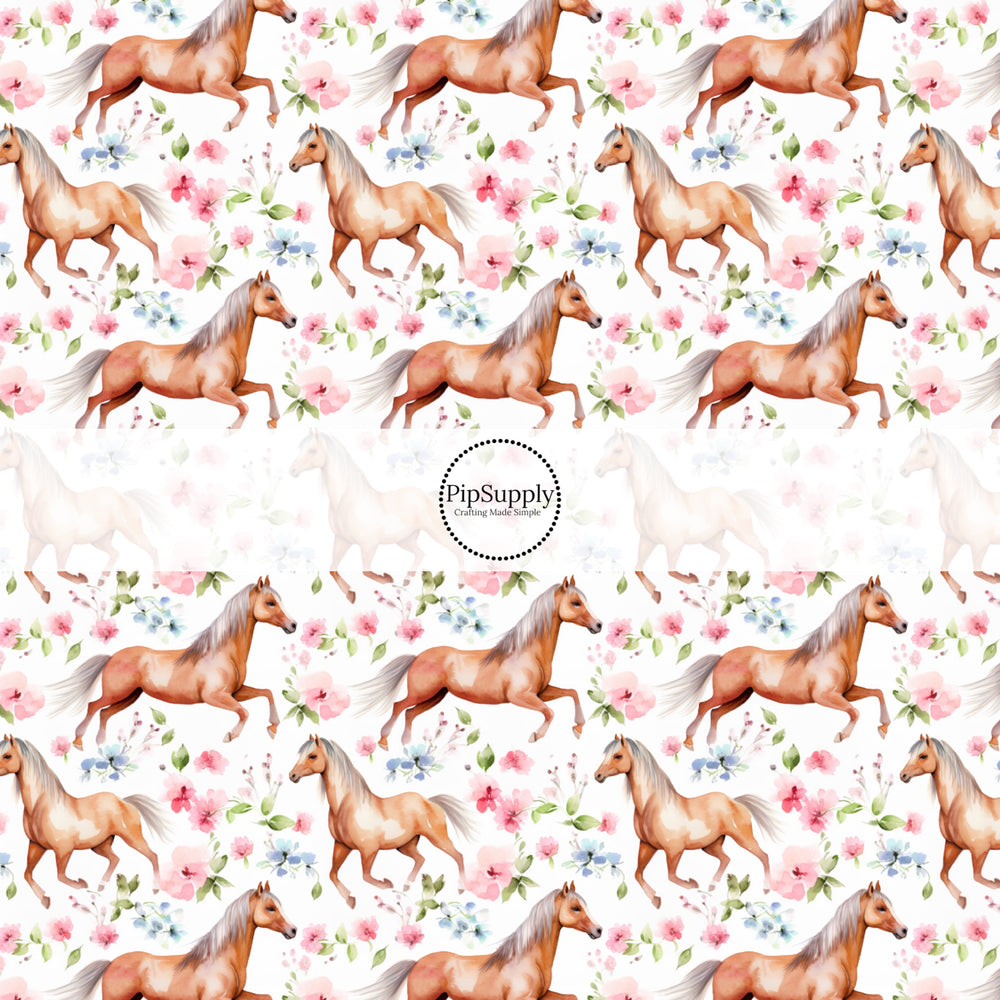 These spring no sew bow strips can be easily tied and attached to a clip for a finished hair bow. These bow strips are great for personal use or to sell. These bow strips feature the following design elements: watercolor stallion beige horses.