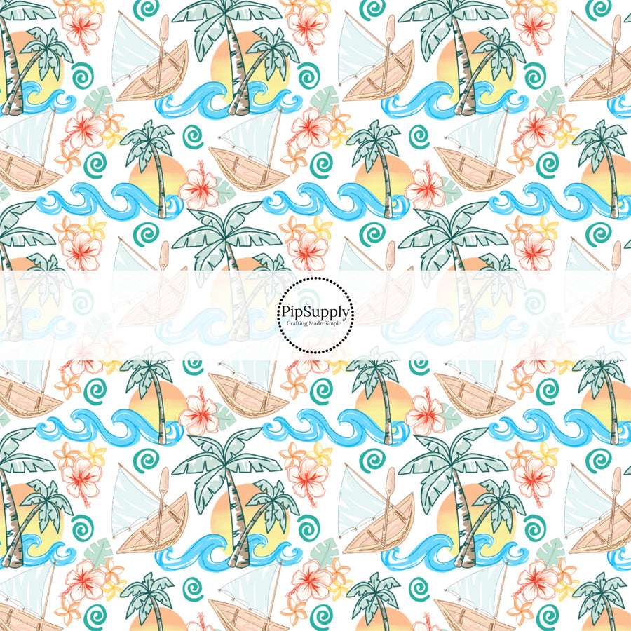 These magical princess themed fabric by the yard features raft, palm trees, and waves. This fun pattern fabric can be used for all your sewing and crafting needs!