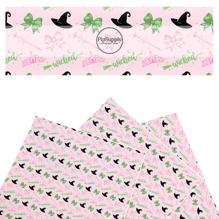 These fun witch themed faux leather sheets contain the following design elements: witch hats, witch brooms, crowns and bows. Our CPSIA compliant faux leather sheets or rolls can be used for all types of crafting projects.