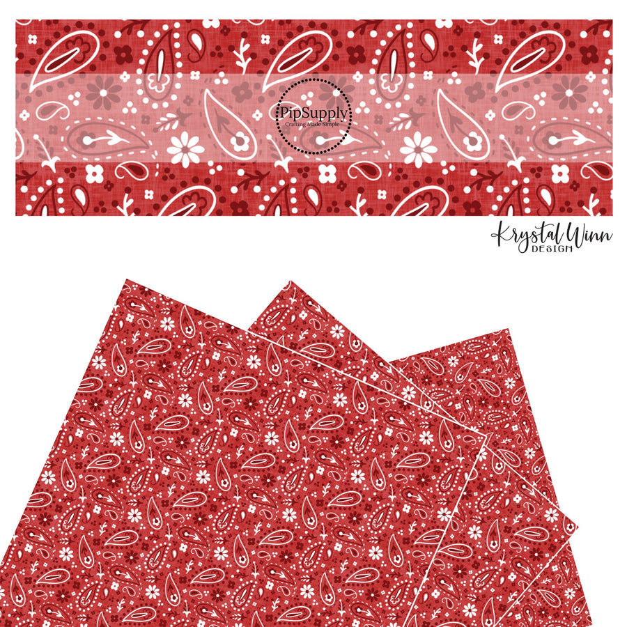 These patriotic and western red faux leather sheets contain the following design elements: white, red, and dark red bandana pattern.