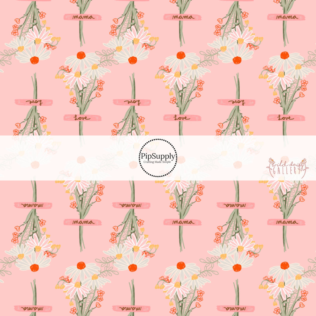 These fun summer floral themed bow strips features white, cream, yellow, and orange daisy flower bouquets with pink ribbons are great for personal use or to sell.