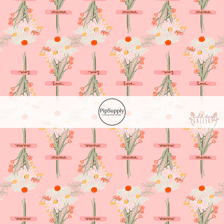 These fun summer floral themed bow strips features white, cream, yellow, and orange daisy flower bouquets with pink ribbons are great for personal use or to sell.