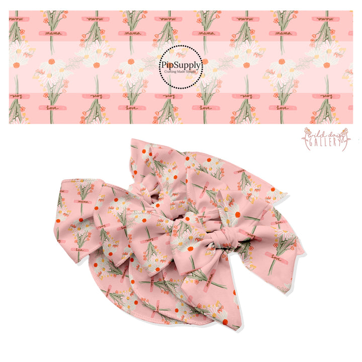 These fun summer floral themed bow strips features white, cream, yellow, and orange daisy flower bouquets with pink ribbons are great for personal use or to sell.