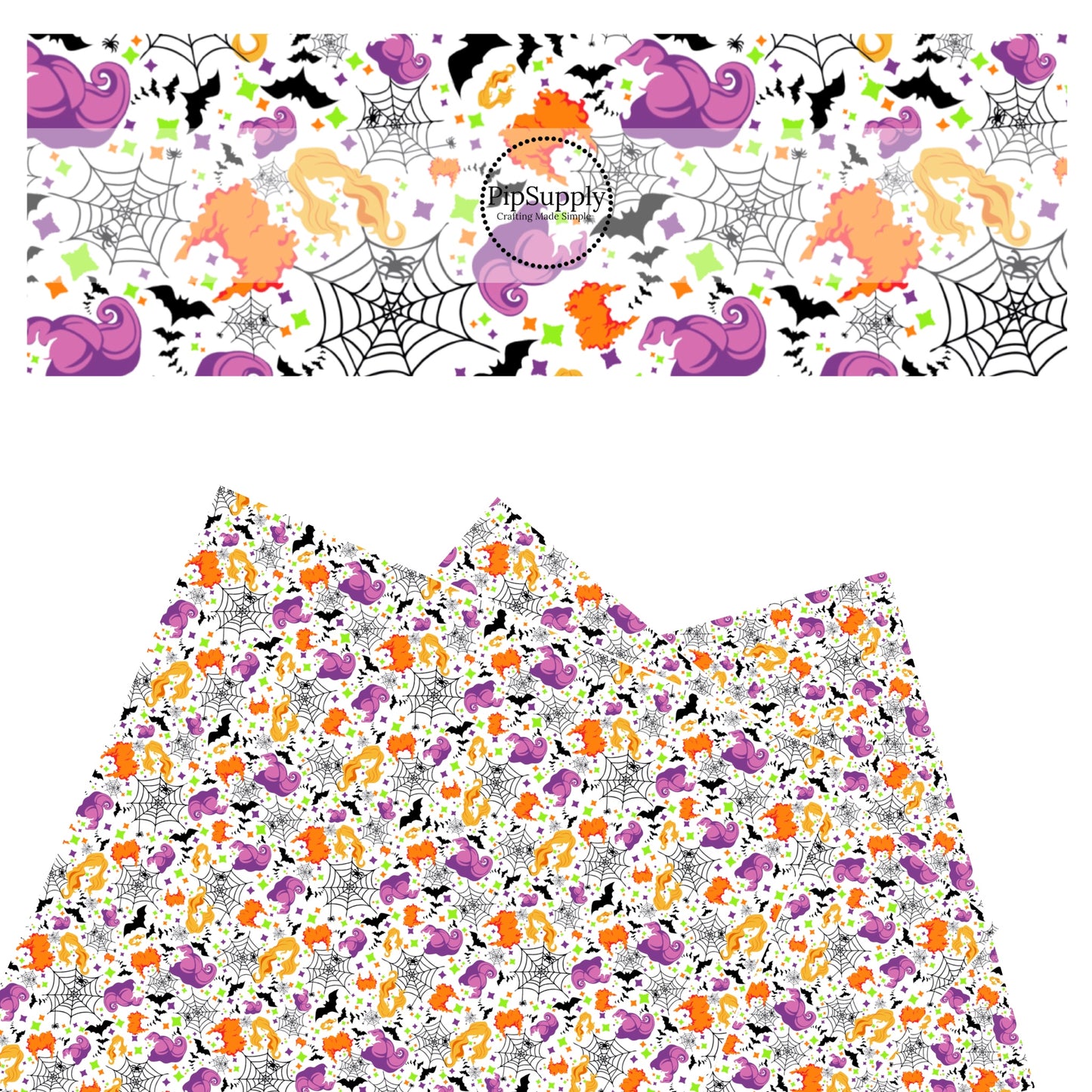 Spiders, witches hair, bats, and neon specks on white faux leather sheets