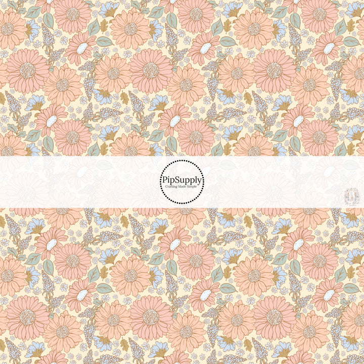 This spring floral fabric by the yard features pastel flowers on pale yellow. This seasonal pattern fabric can be used for all your sewing and crafting needs!