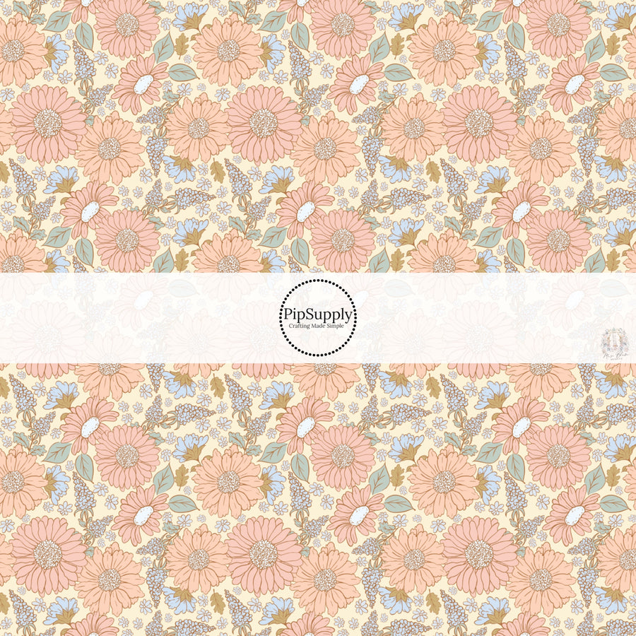 This spring floral fabric by the yard features pastel flowers on pale yellow. This seasonal pattern fabric can be used for all your sewing and crafting needs!