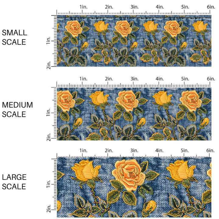 These spring fabric by the yard features embroidered rose flowers on denim pattern. This fun pattern fabric can be used for all your sewing and crafting needs!