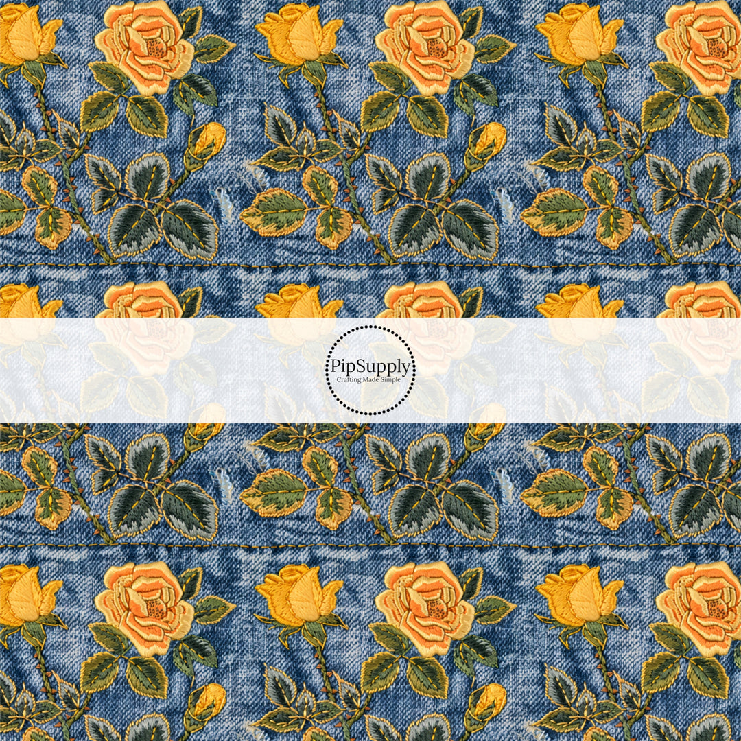 These spring fabric by the yard features embroidered rose flowers on denim pattern. This fun pattern fabric can be used for all your sewing and crafting needs!