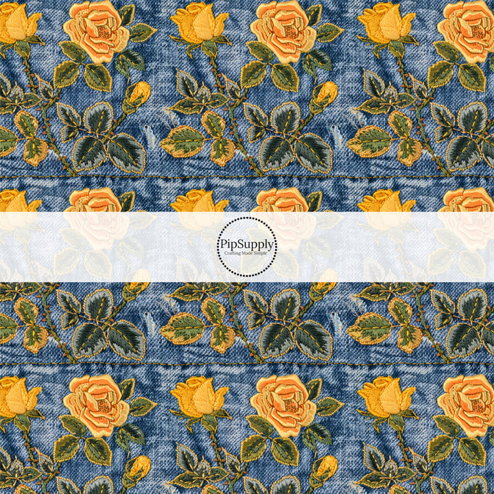 These spring fabric by the yard features embroidered rose flowers on denim pattern. This fun pattern fabric can be used for all your sewing and crafting needs!