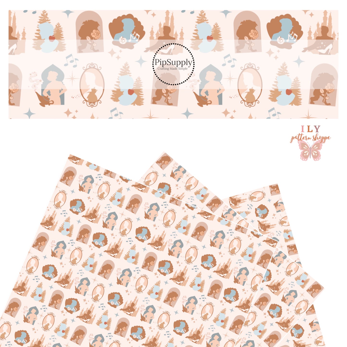 Blue music notes and sparkles with different princes on a blush pink faux leather sheets