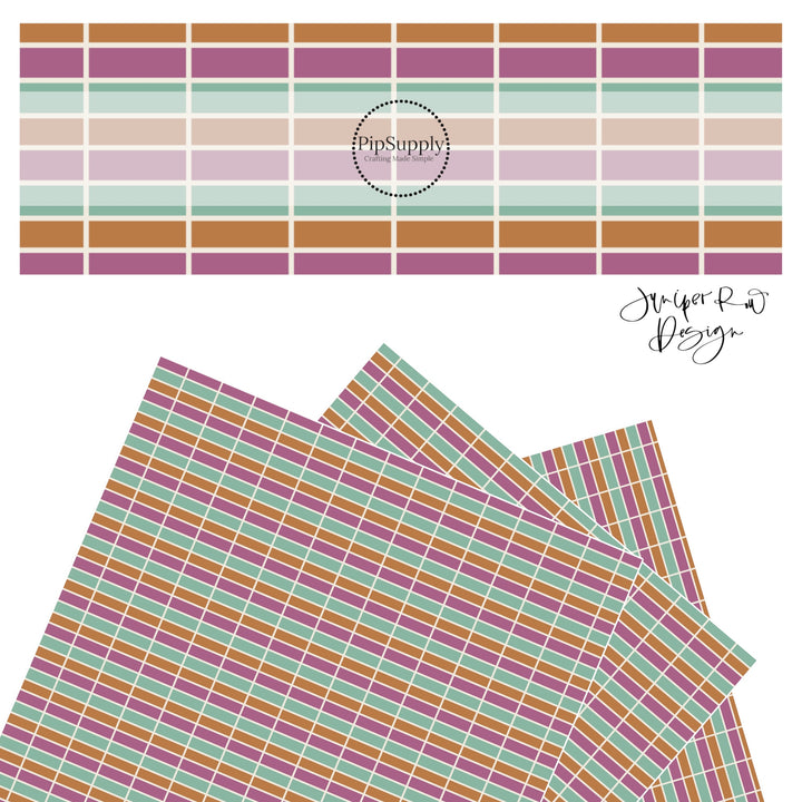 Alternating plum, rust orange, and seafoam tiles with a cream line