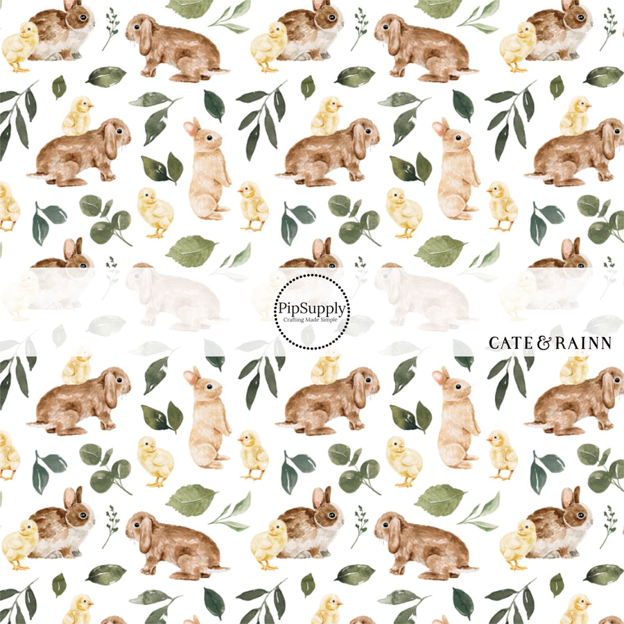 Bunnies, Leaves, and baby chicks on white fabric by the yard - Easter Bunny Nature Fabric