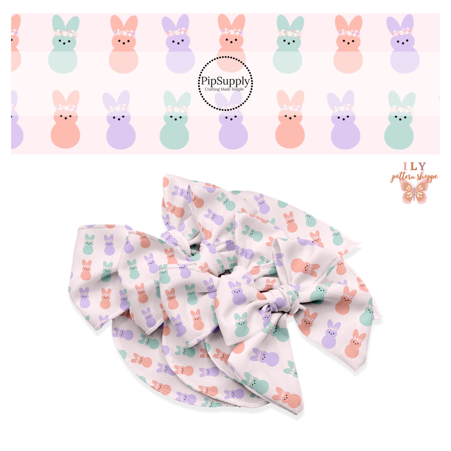 Pink, purple, and aqua marshmallow bunnies with floral crowns on light pink bow strips