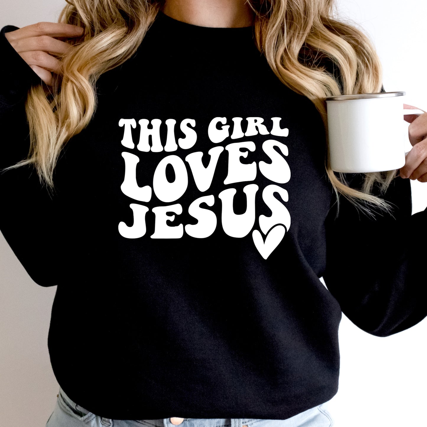 Faith based iron on transfers that say "This Girl Loves Jesus" with white font - DTF Iron on Transfer